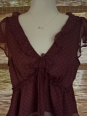 American Eagle Burgundy Sheer Polka Dot Blouse